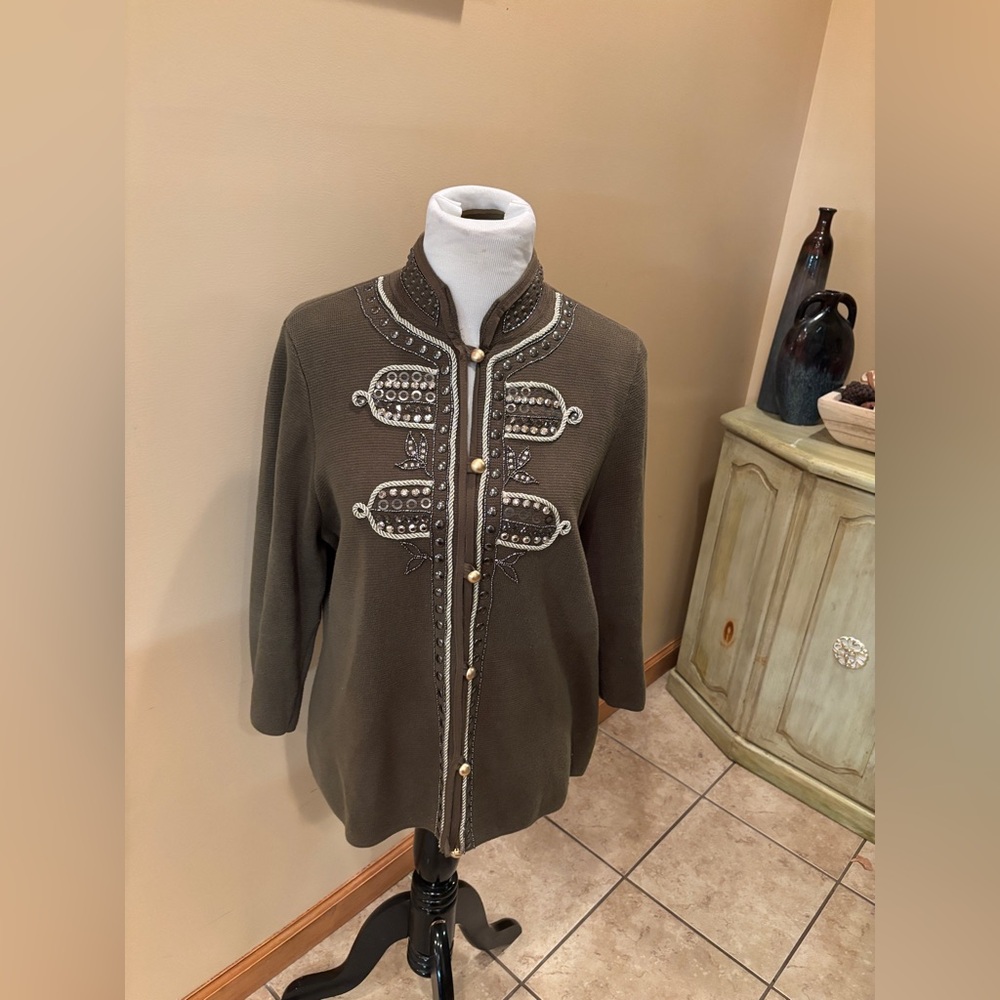 Chico’s Military Style Green Cardigan Sweater Embellished Size Large